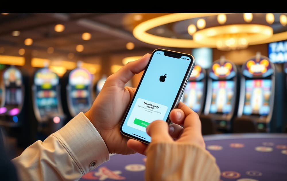 Person som betaler på casino med iPhone via Apple Pay med Face ID