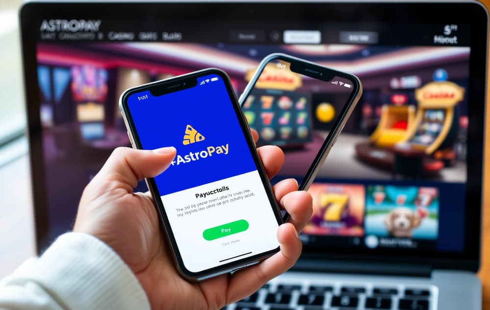 Person med smarttelefon som viser AstroPay-appen og en bekreftet betaling, foran en laptop med casinospill.