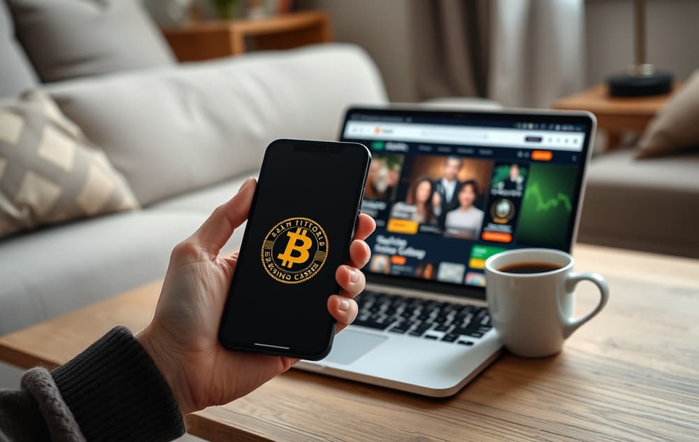 Person som betaler med Bitcoin på casino via mobil – QR-kode skannes på skjermen