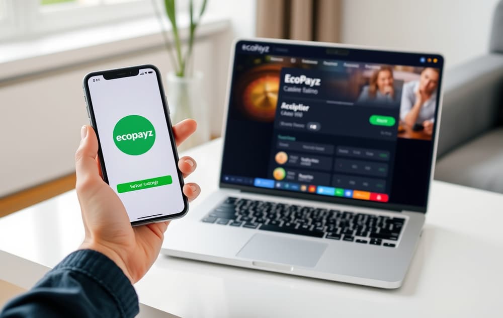 Person med mobil som viser Ecopayz-appen ved siden av en laptop med casino-kasse