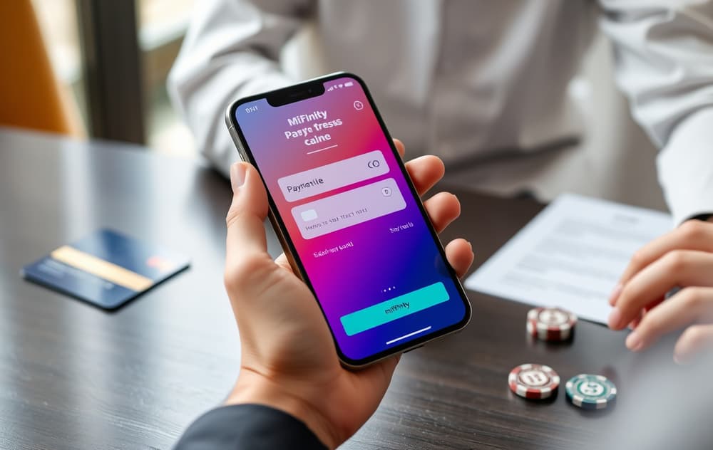 Person med mobiltelefon som viser MiFinity-betaling på et nettcasino, med kredittkort og sjetonger på bordet.