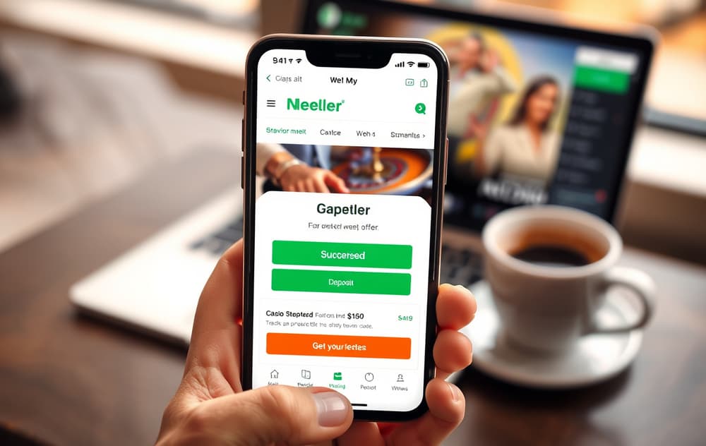 Smarttelefon med Neteller-app for casinoinnskudd