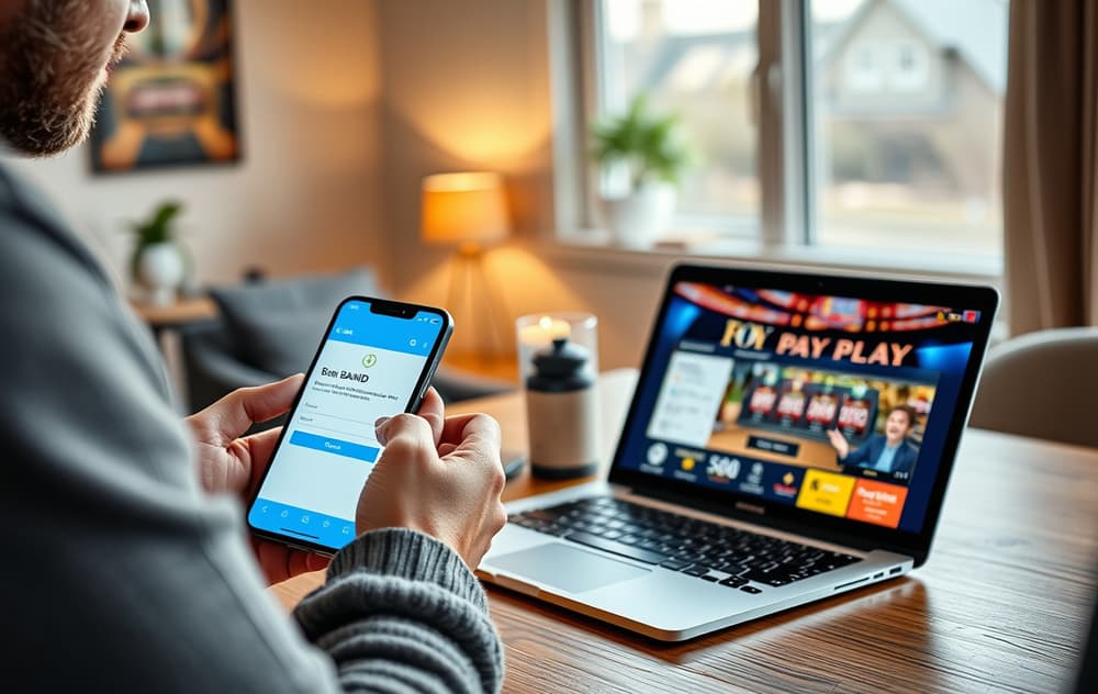 Person som bekrefter Pay n Play-betaling med mobilen foran en bærbar PC.