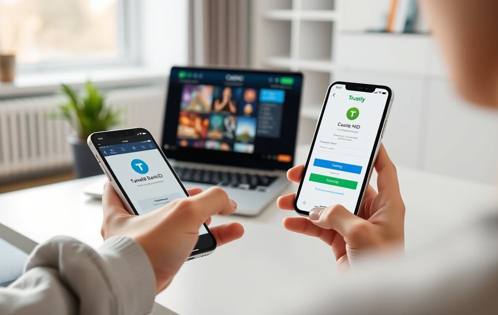 En person som bruker mobilen til å betale med Trustly på et nettcasino, med BankID-bekreftelse på skjermen.