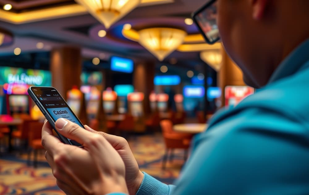 Person som leser casino bonusvilkår på mobil