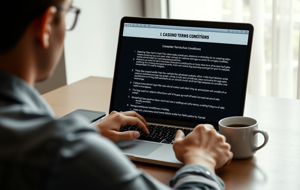 En person som leser casino-vilkår på en laptop med kalkulator og kaffekopp på bordet