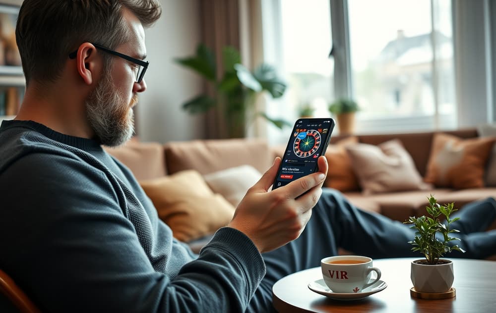 En person sitter i en stue og ser på en mobiltelefon med VIP-casino-grensesnitt og en personlig VIP-manager-chat.