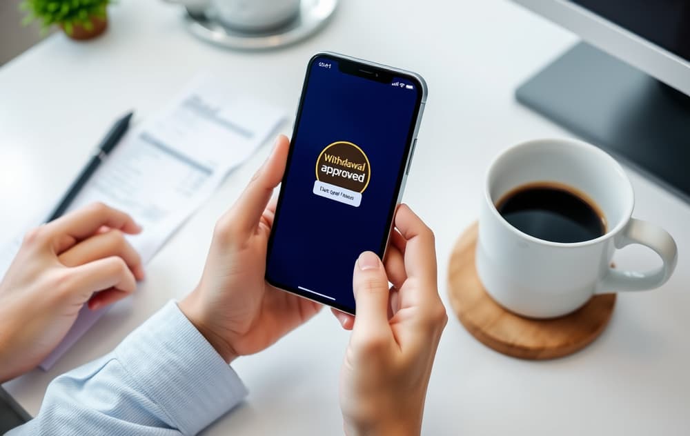 Hånd som holder smarttelefon med casino-betalingsskjerm og Bitcoin-logo, ved siden av kaffekopp og kvittering