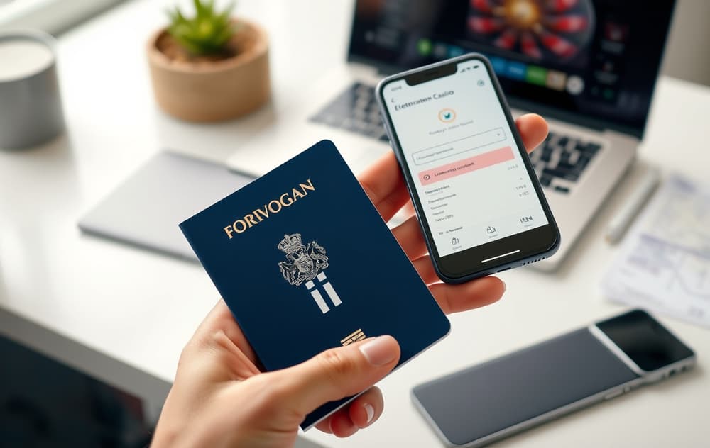 En person holder et norsk pass og en mobiltelefon med verifiseringsskjerm fra et nettcasino. En strømregning og laptop ligger på skrivebordet.