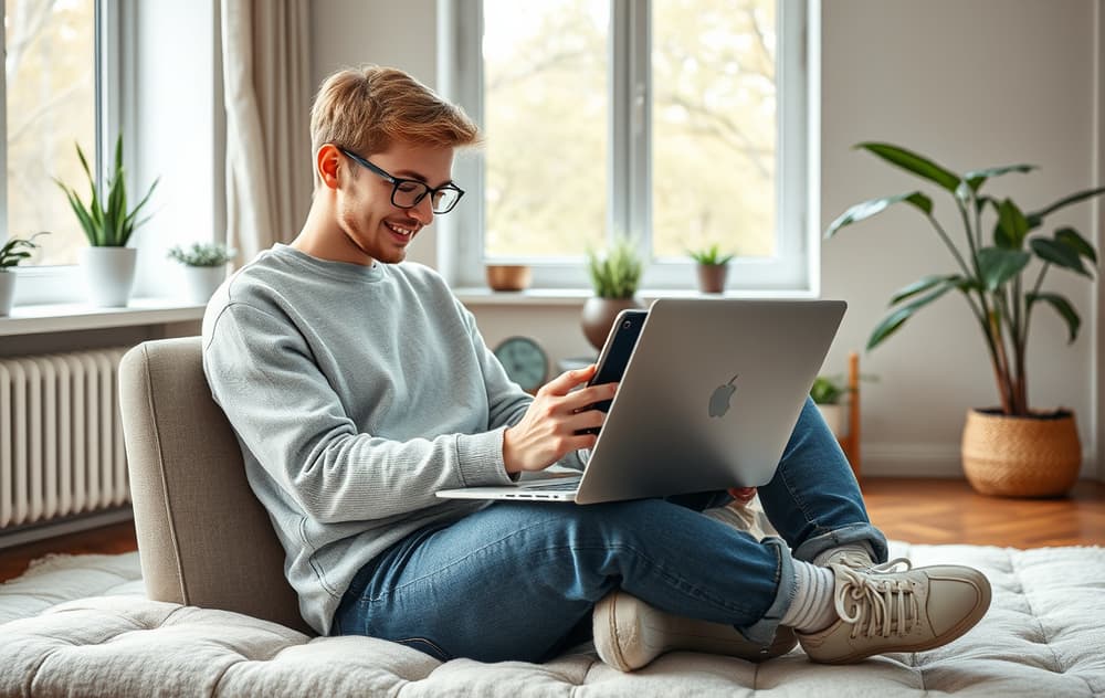 Person som mottar casino-uttak på mobil, med laptop og kasinoikon i bakgrunnen.