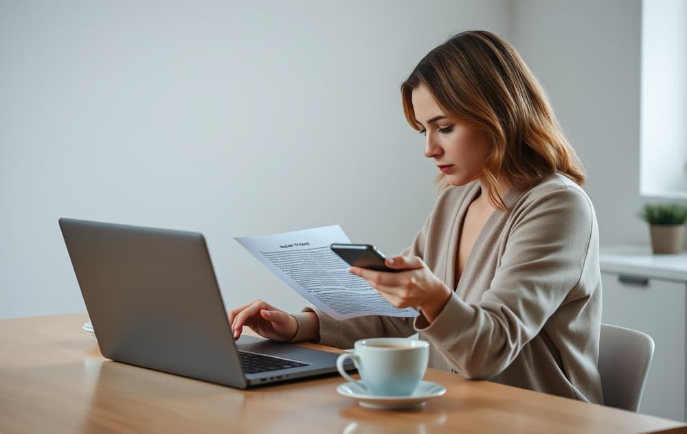 Kvinne leser vilkår på laptop, med kaffekopp og mobiltelefon