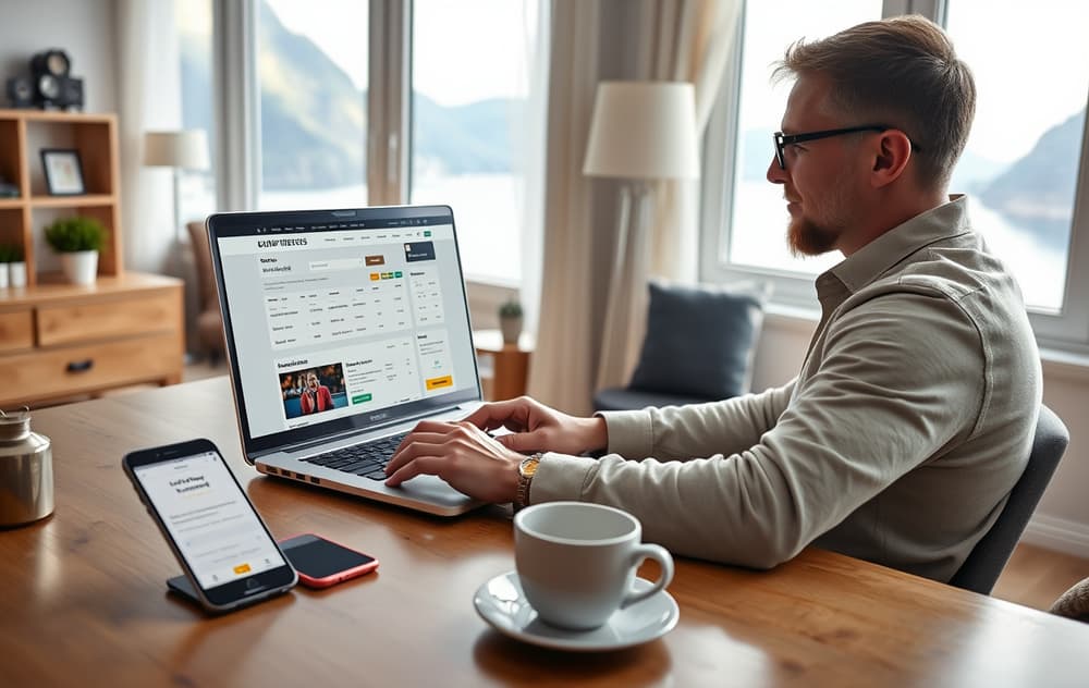 En person som sammenligner bettingsider på laptop og mobil i en norsk stue