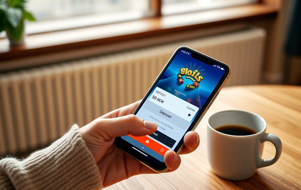 Person med mobiltelefon som viser casino med lavt innskudd på 50 kroner