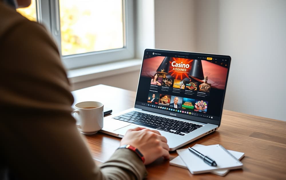 En person sammenligner to casinoer på en laptop, med kaffekopp og notatblokk på skrivebordet.