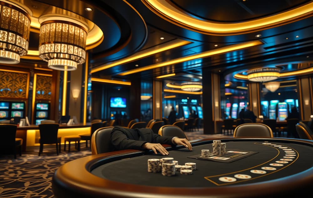 Highroller Casino med mørk trepanel, gullaksenter og en spiller ved et privat bord med sjetonger og kort