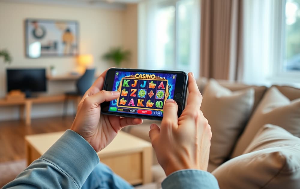 Person som spiller på mobilcasino i stuen – skjermen viser en spilleautomat.