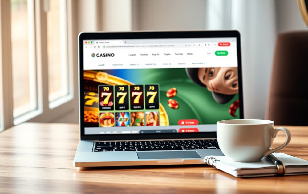 En bærbar PC med kasinoskjerm, kaffekopp og notatblokk – illustrerer nettcasino-sammenligning.