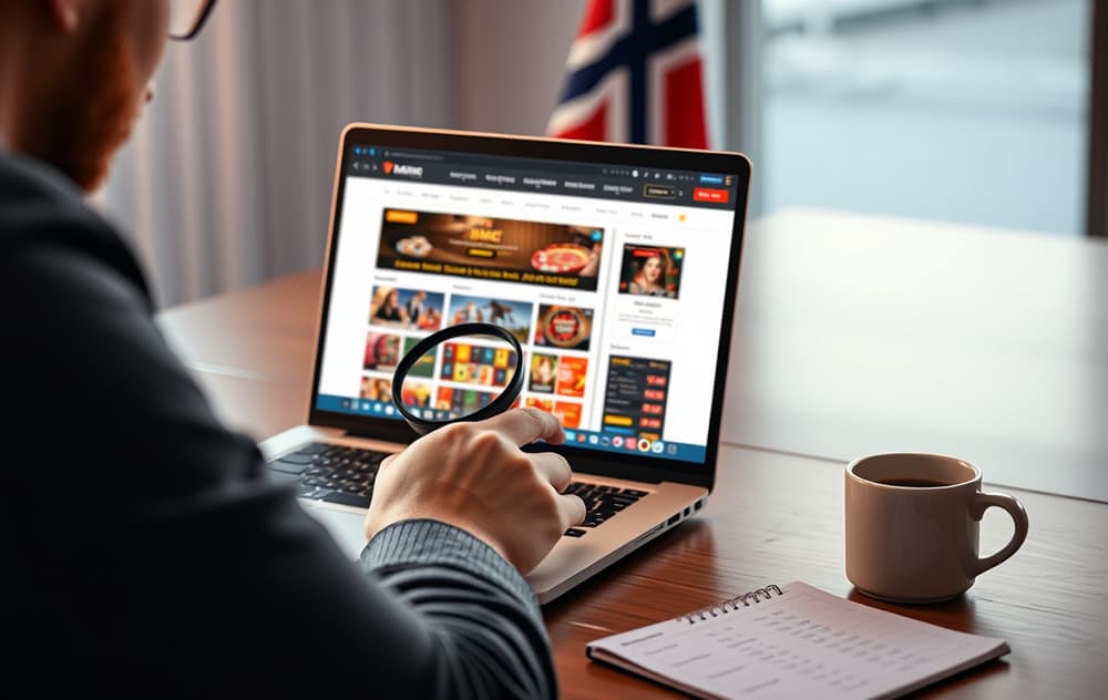 Person som sammenligner to casinoer på en bærbar PC med notatblokk og kaffe.