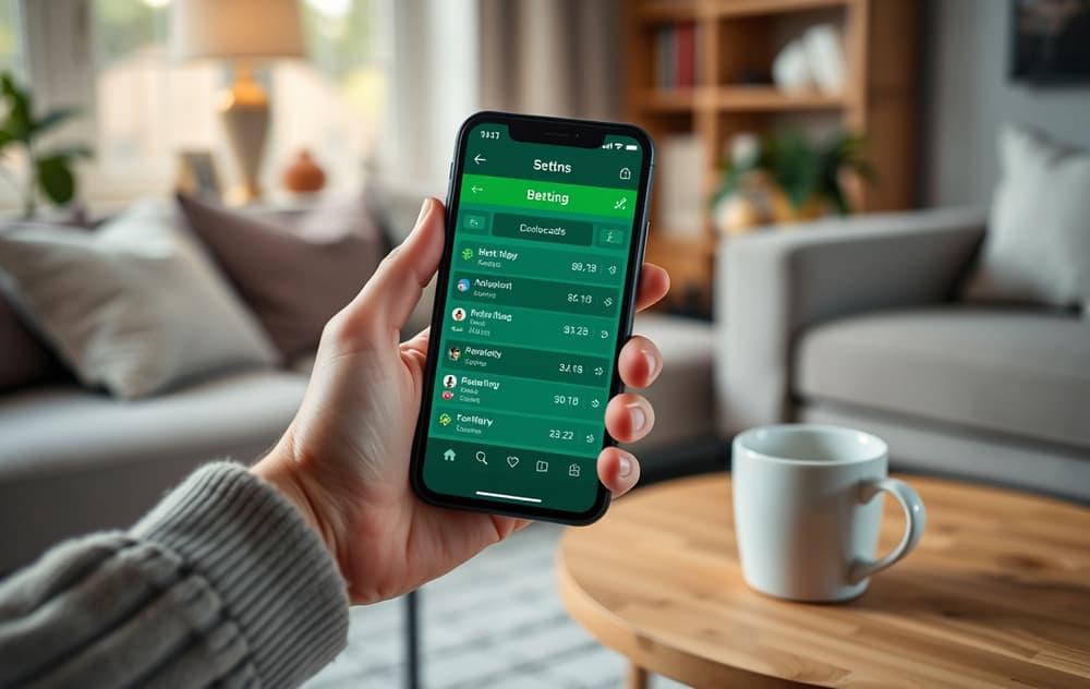 Person som sjekker odds på mobilen ved en kopp kaffe.