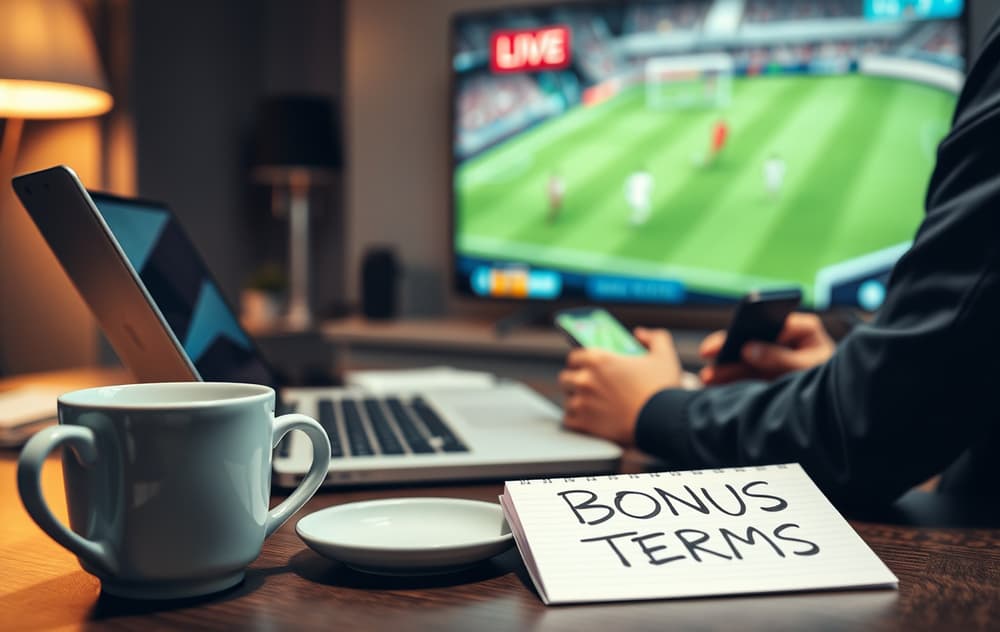 Person som sammenligner oddsbonus på laptop og mobil med fotball på TV i bakgrunnen.