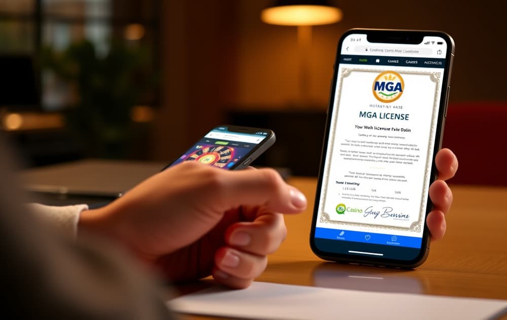 Person som sjekker lisensinformasjon på et nettcasino med mobiltelefon