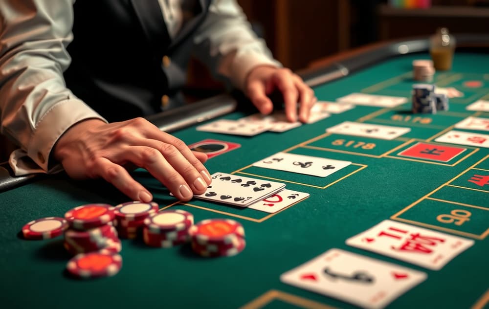 Live baccarat bord med dealer og kort