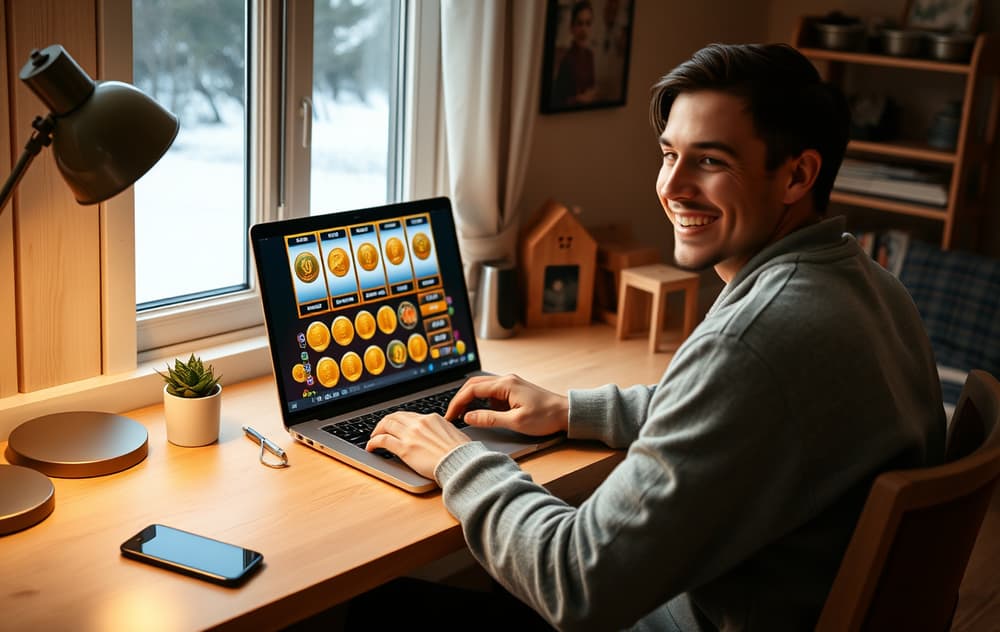 Person som spiller gratis spilleautomater på en bærbar PC i et hjemmemiljø