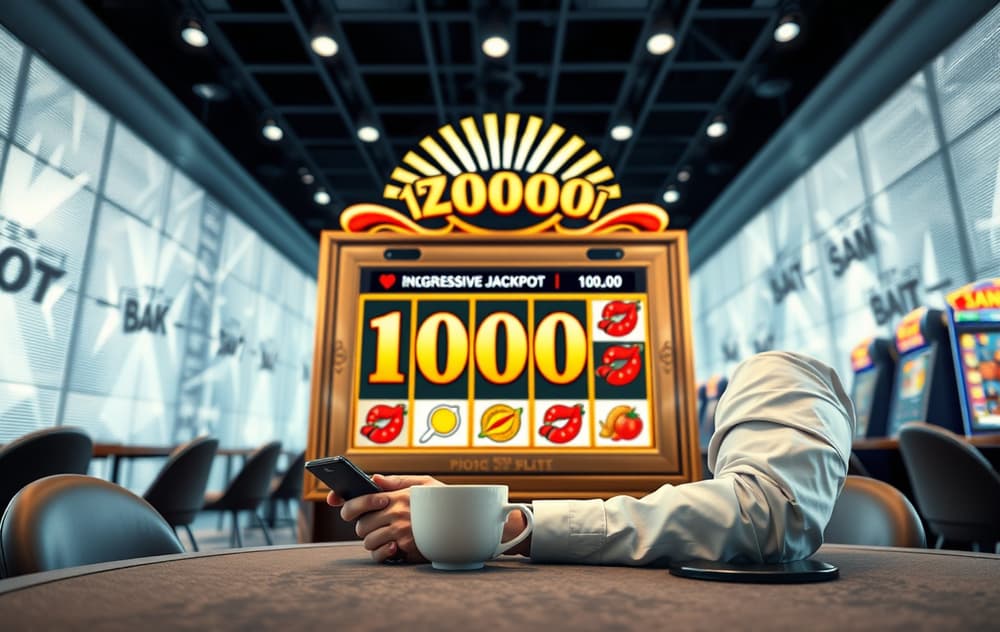 Norsk spiller foran skjerm med progressiv jackpot-slot og premie på 100 millioner NOK.