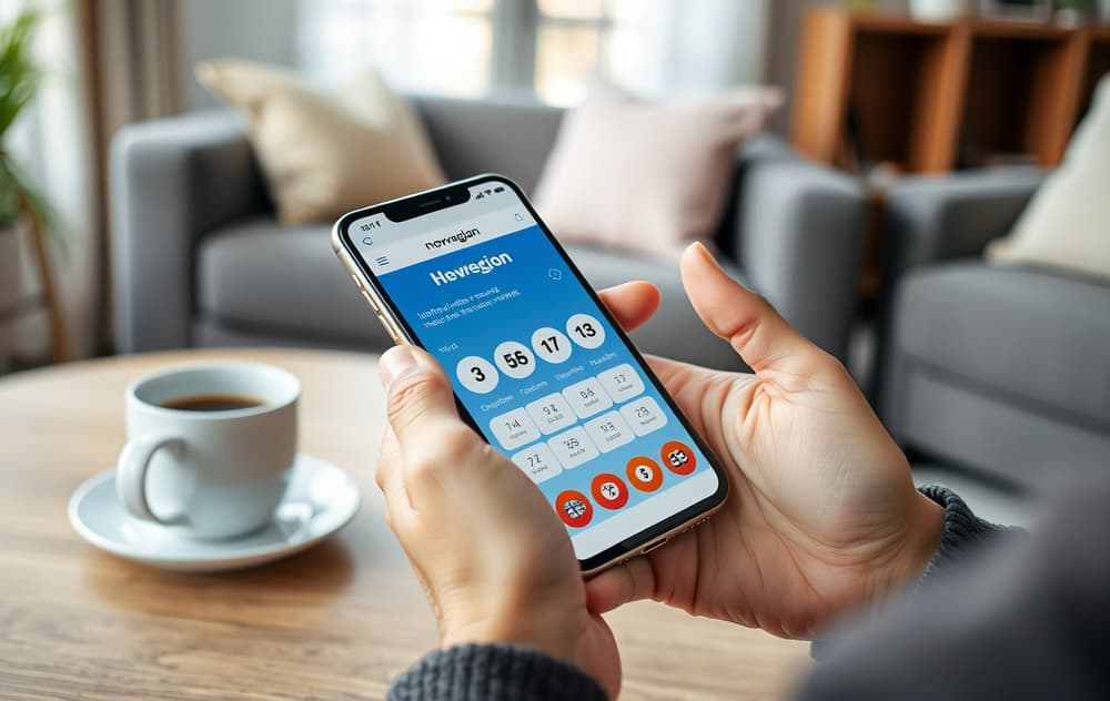 En person sitter i en stue med en mobiltelefon som viser en lotto-app, ved siden av en kaffekopp