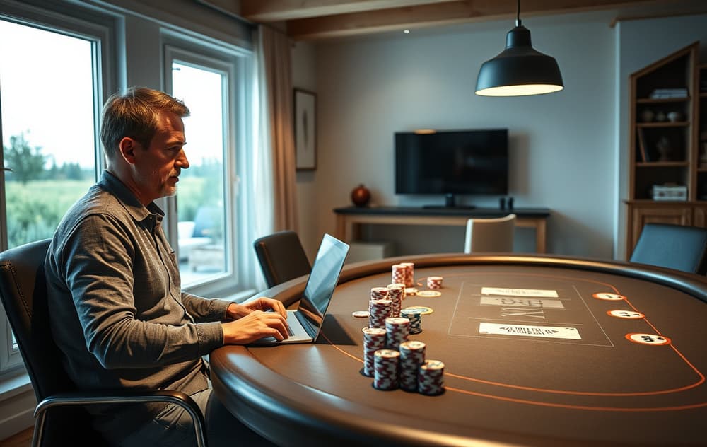 Norsk spiller spiller poker på nett på laptop med pokerbord og chips på skjermen